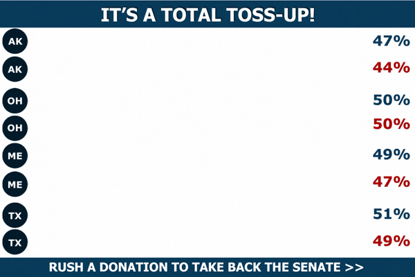Alaska: Peltola (47%) Sullivan (44%)/ Ohio: Brown (50%) Husted (50%)/ Maine: Jackson (49%) Collins (47%)/ Texas: Talarico (51%) Paxton (49%)