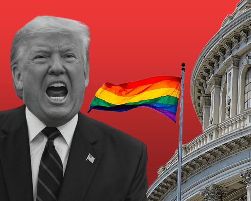 Angry Donald Trump in front of a pride flag