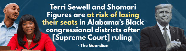 Terri Sewell and Shomari Figures are at risk of losing their seats in Alabama’s Black congressional districts after [Supreme Court] ruling - The Guardian. Trump on the right and Shomari Figures and Terri Sewell on the left